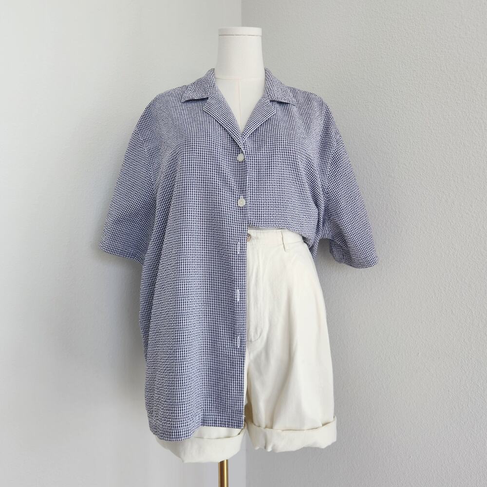 Vintage 90s Blue White Gingham Seersucker Button Down Short Sleeve Shirt 2X Plus